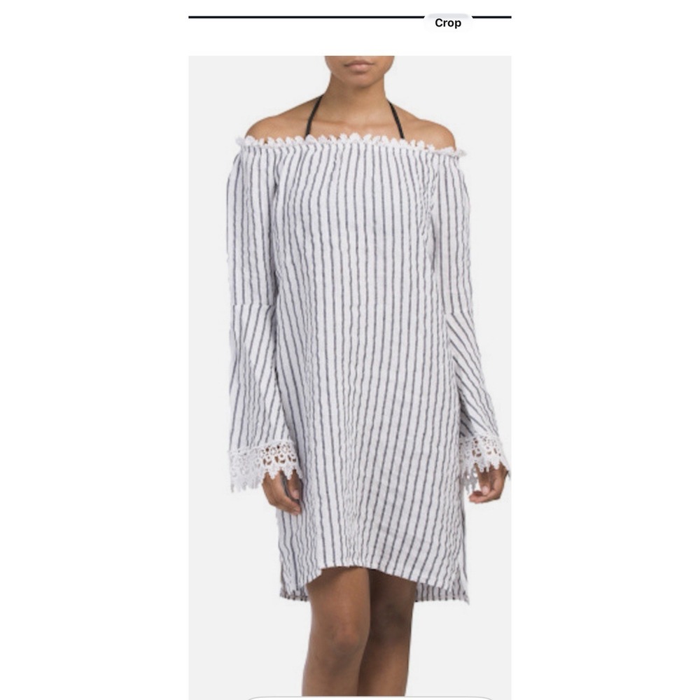 Lungo L'Arno Women's Linen Off The Shoulder Crochet Trim ,Bell Sleeves Size L